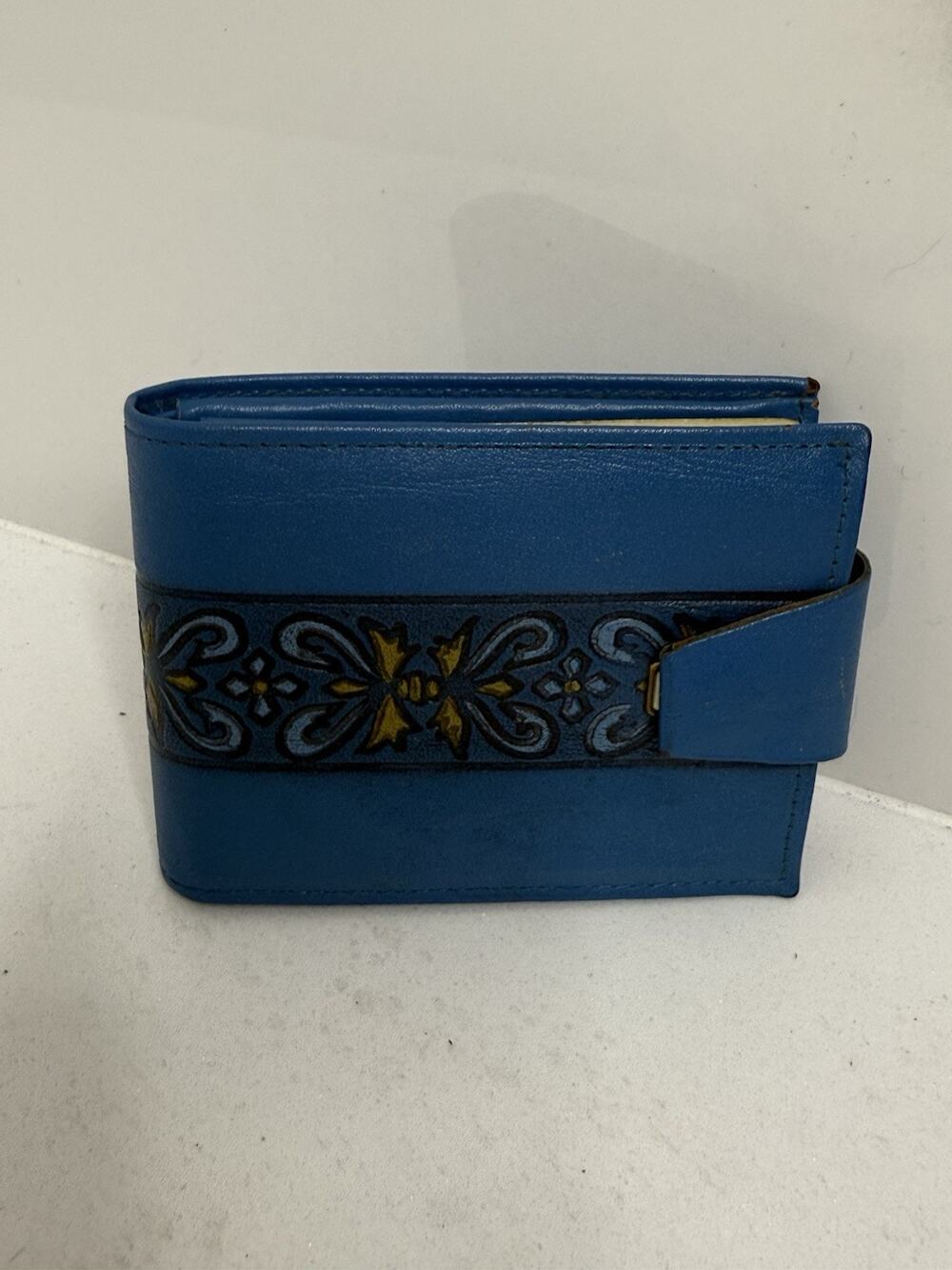 Vintage Hand Tooled Leather Bi-Fold Wallet Blue Western Snap Close EUC 80’s 90’s